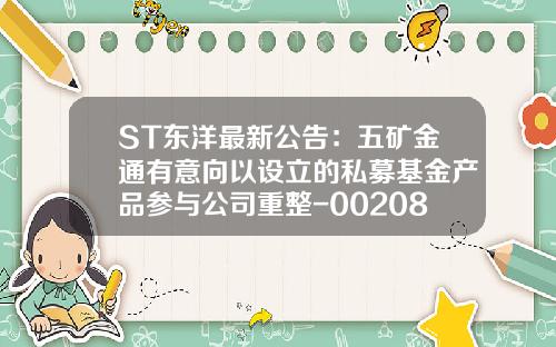 ST东洋最新公告：五矿金通有意向以设立的私募基金产品参与公司重整-002086基金